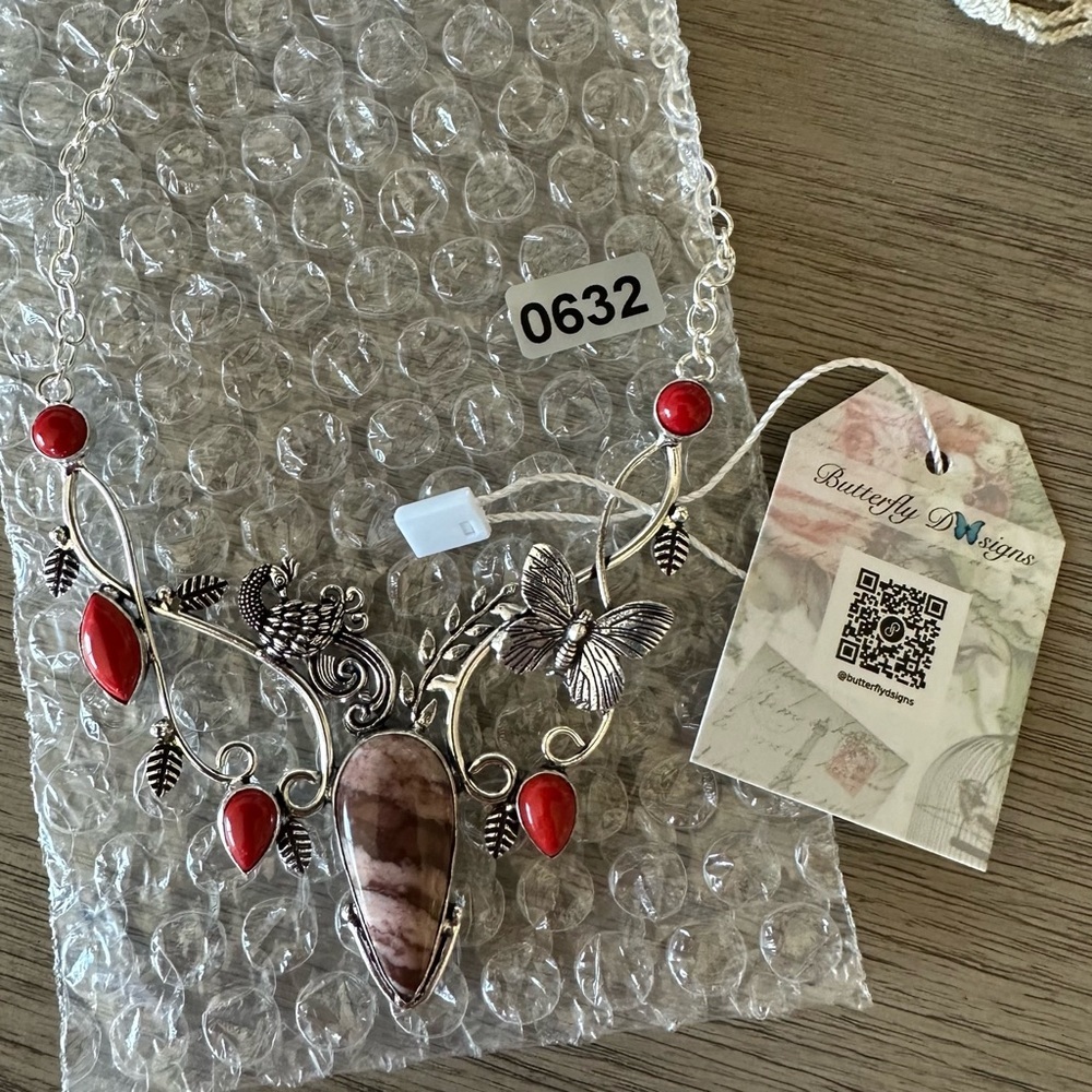 0632 Hand Crafted Silver & Red Peacock Statement Necklace with Filigree Accents - Picture 10 of 11